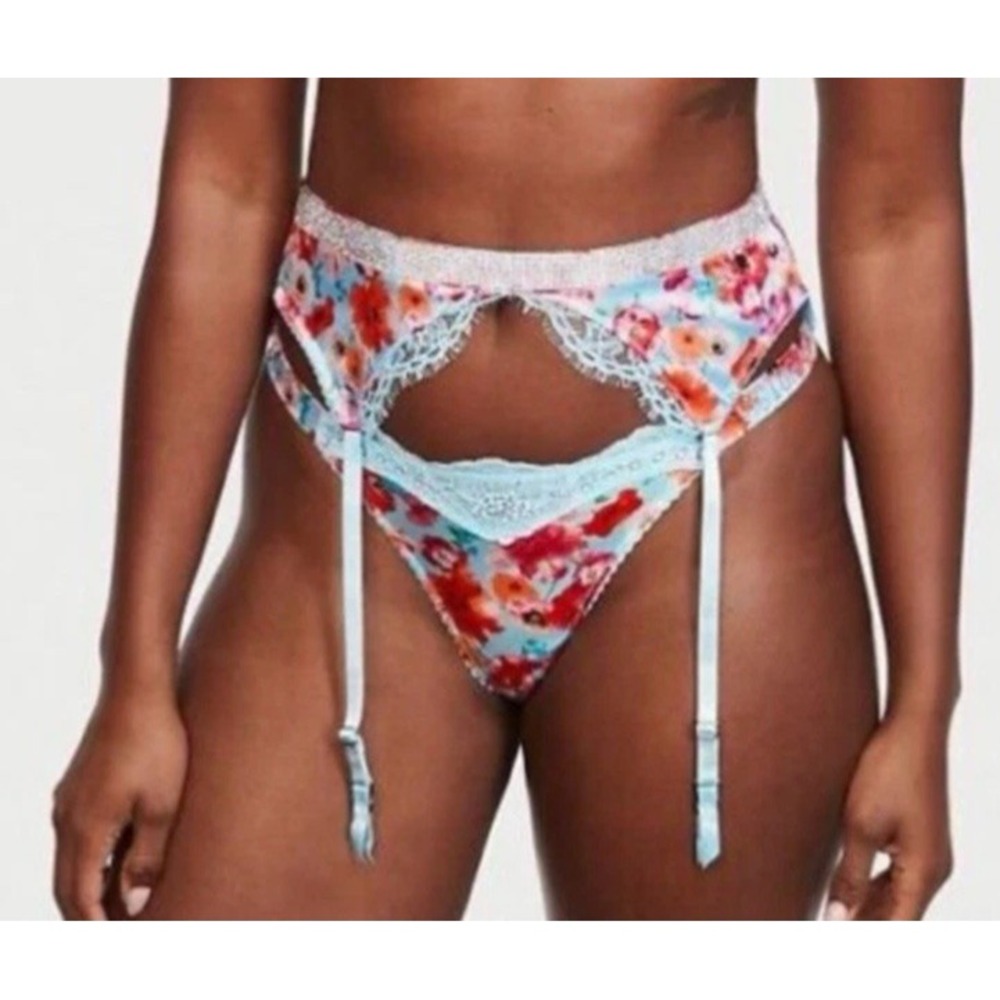 Victoria's Secret Very Sexy Shine Lace Garter Belt & String Bikini Sz XS Blue